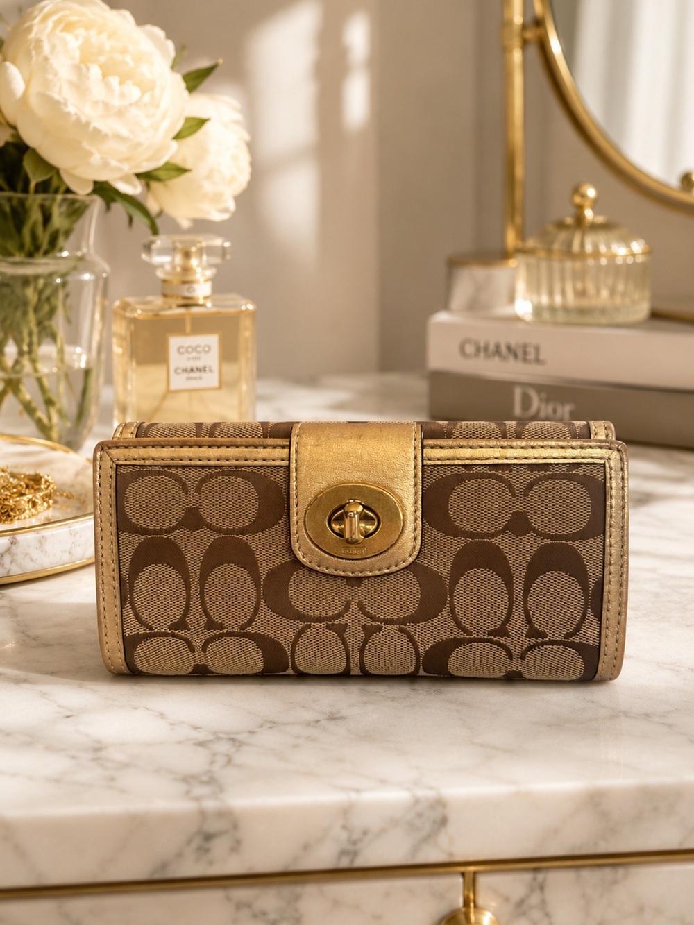COACH Signature Slim Envelope Turnlock Wallet | Khaki Gold Metallic